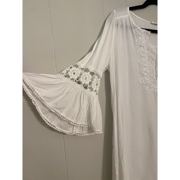 Solitaire Swim White Tunic Cover-Up Medium Lace V-Neck Embroidered Bell Sleeve - Picture 2 of 9